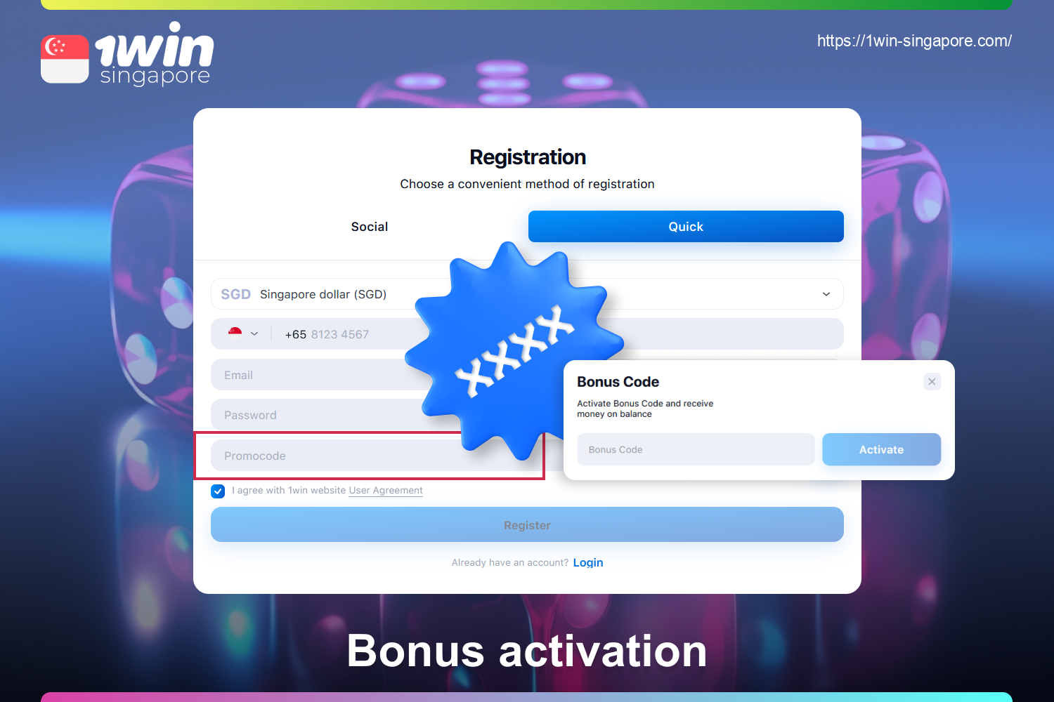 Players from Singapore can enter the promo code during registration, then top up and receive the bonus funds