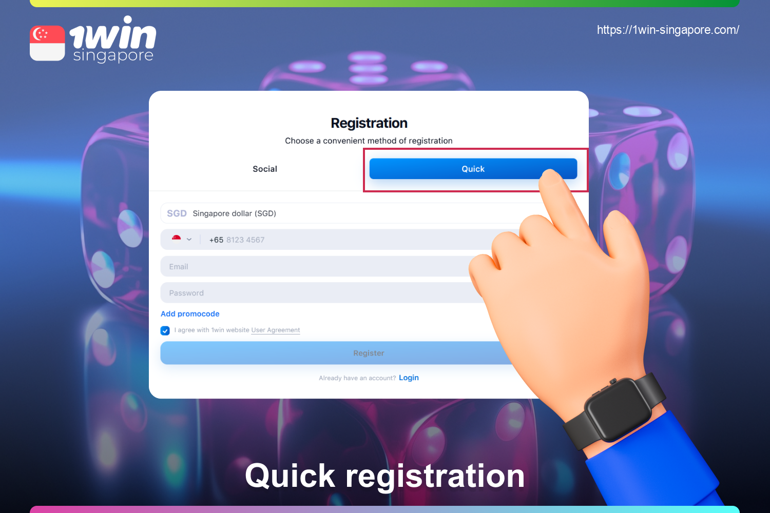 The 1win platform offers the standard way of registration via email address and phone number