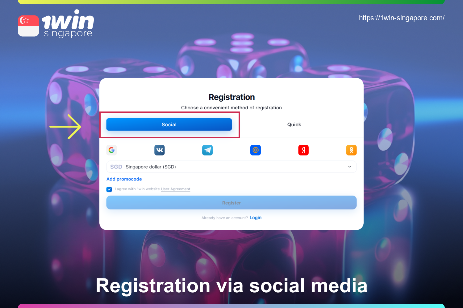 The 1win platform offers a way to register via social networks